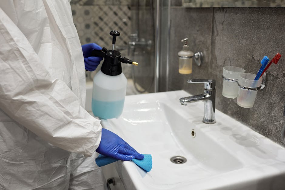 A person wearing bright pink rubber gloves is holding a blue spray bottle labeled for surface cleaning, and is about to spray disinfectant on a white bathroom surface. The scene appears to be in a bat